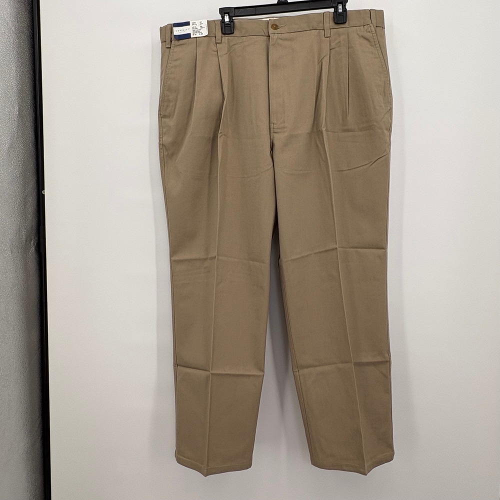Towncraft Men Pleated Khaki Pants 44x30 Tan Wrinkle Free Cotton Blend‎ NWT